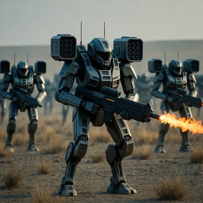 Mecha Robots Firing Weapons in Desert