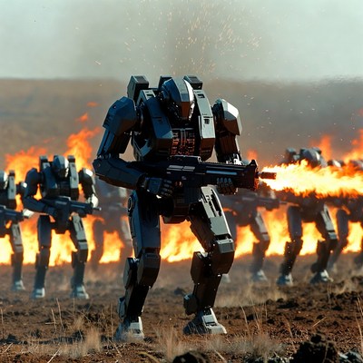 Mecha Robots Firing Guns in Battlefield