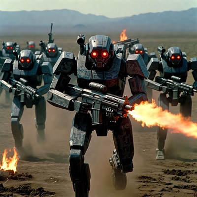 Squad of Robots Charging in Desert