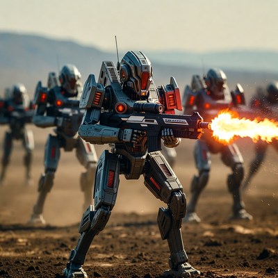 Futuristic Robots Firing Weapons in Desert