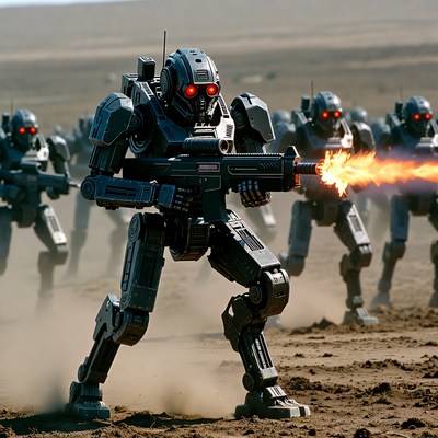 Mecha Robots Firing Guns in Desert