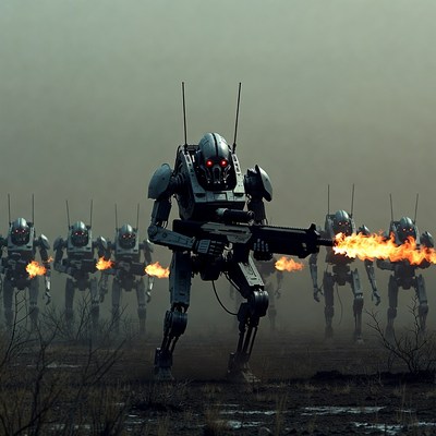 Cyberpunk Robots Firing Flamethrowers in Fog
