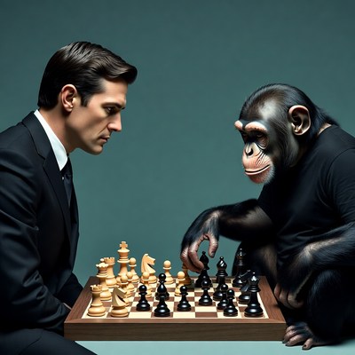 Man playing chess with chimpanzee