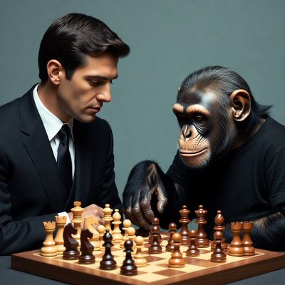 Man playing chess with chimpanzee