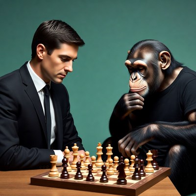 Man playing chess with chimpanzee