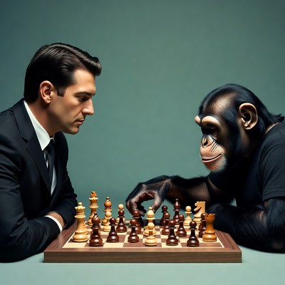 Man playing chess with chimpanzee