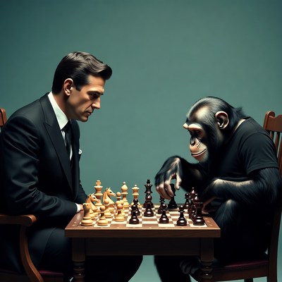 Man playing chess with chimpanzee