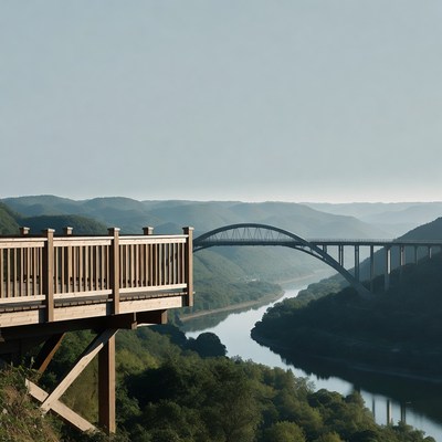Wooden Viewpoint Over Arch Bridge