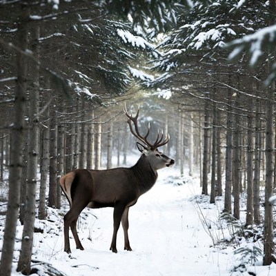 Red deer stag in snowy forest