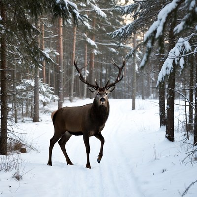 Red Deer Stag in Snowy Forest