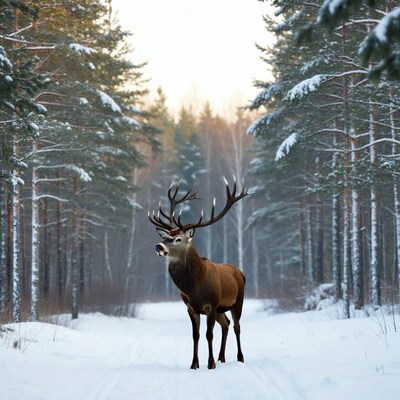 Red Deer Standing in Snowy Forest