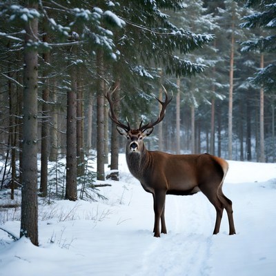 Red deer stag in snowy forest