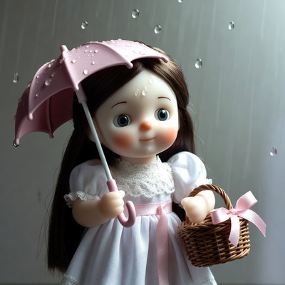 Doll girl with pink umbrella and basket