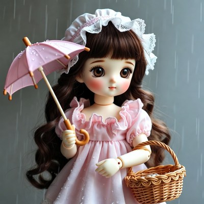 Doll girl with pink umbrella and basket