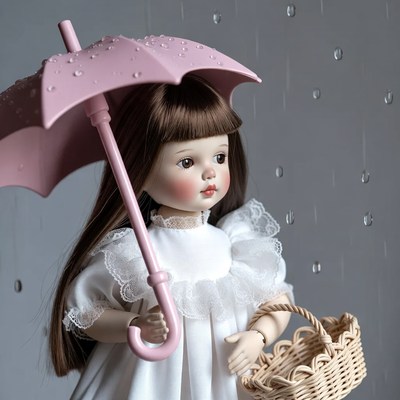 Doll girl with pink umbrella and basket