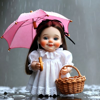 Girl with pink umbrella in rain
