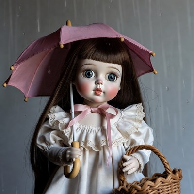 Doll with pink umbrella and basket