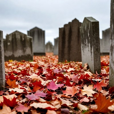 Autumn Leaves Covering Cemetery Graves