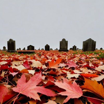 Autumn Leaves Covering Cemetery Gravestones