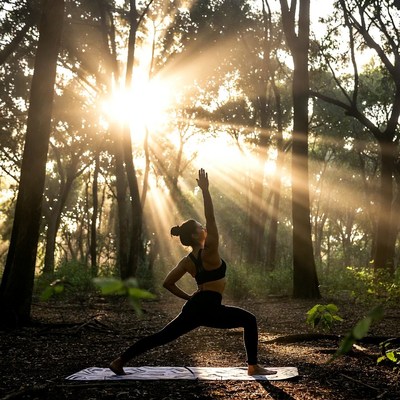 Woman doing yoga pose in forest
