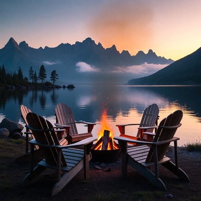 Campfire with Adirondack Chairs by Lake