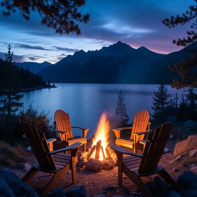 Campfire with Adirondack Chairs by Mountain Lake