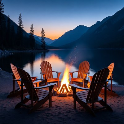 Campfire with Adirondack Chairs by Lake