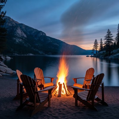 Campfire with Adirondack Chairs by Lake