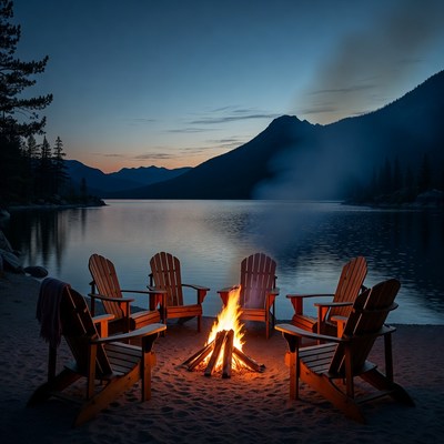Campfire chairs on lakeside beach