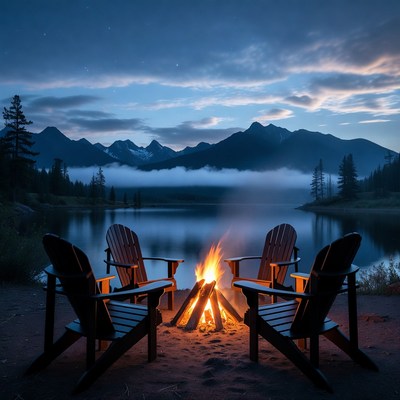 Campfire chairs by mountain lake