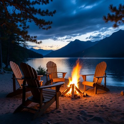 Campfire and Adirondack Chairs by Mountain Lake