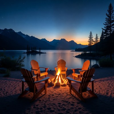 Campfire chairs on lakeside beach at sunset
