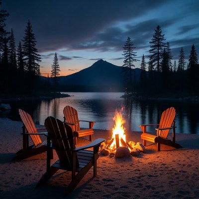 Campfire with Adirondack Chairs by Lake