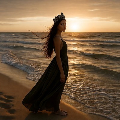 Woman in crown on sunset beach
