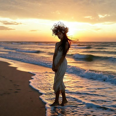 Woman with flower crown at sunset beach