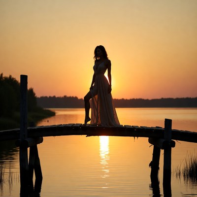 Woman in flowing dress on sunset pier