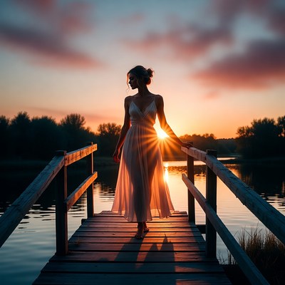 Woman in white dress on pier at sunset