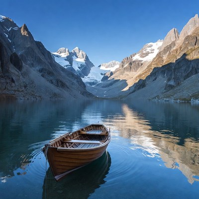 Wooden Rowboat on Mountain Lake