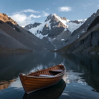 Wooden Rowboat on Mountain Lake