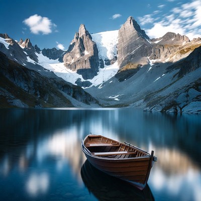 Wooden Boat on Mountain Lake