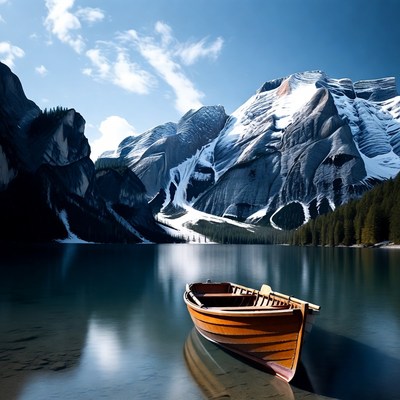Rowboat on Moraine Lake with Mountains