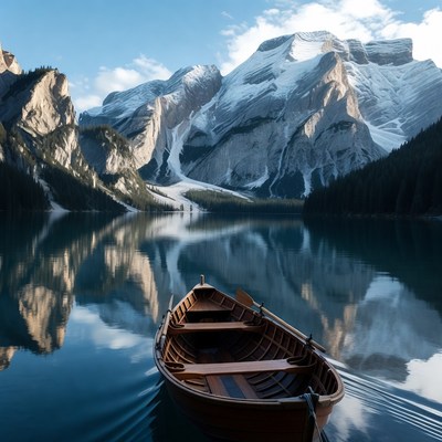 Wooden Rowboat on Mountain Lake