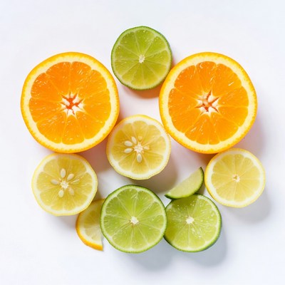 Sliced Oranges and Limes on White