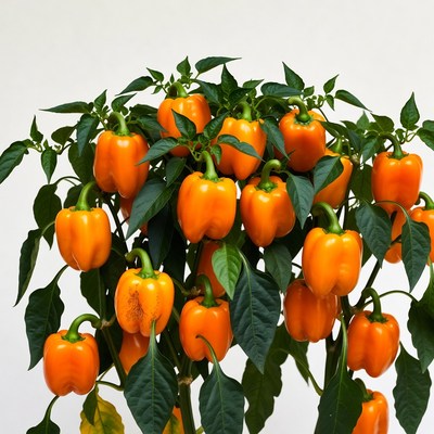 Orange bell peppers on plant