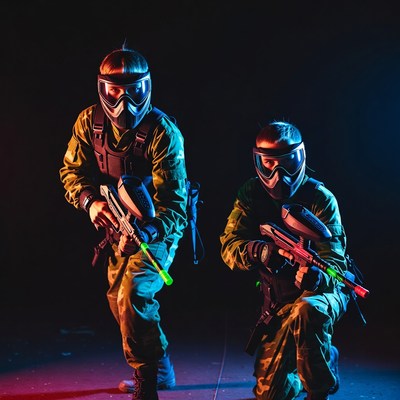 Two paintball players in action
