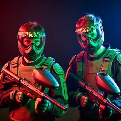 Two paintball players with neon glow