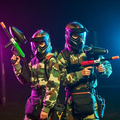 Two girls in camouflage paintball gear
