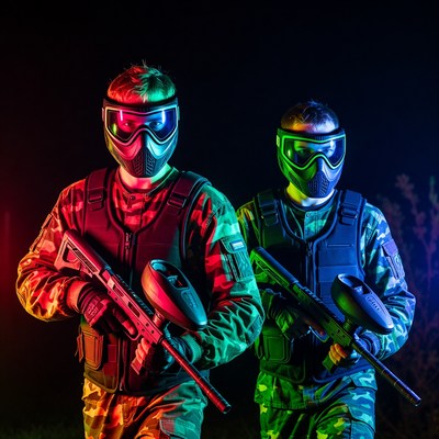 Two men in neon-lit paintball gear