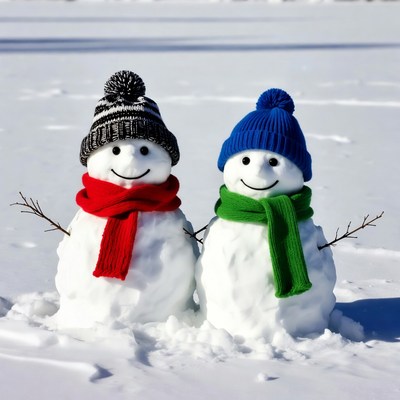 Two Snowmen with Scarves and Hats