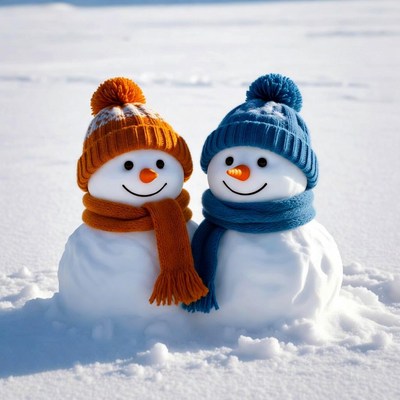 Two Snowmen with Scarves and Hats